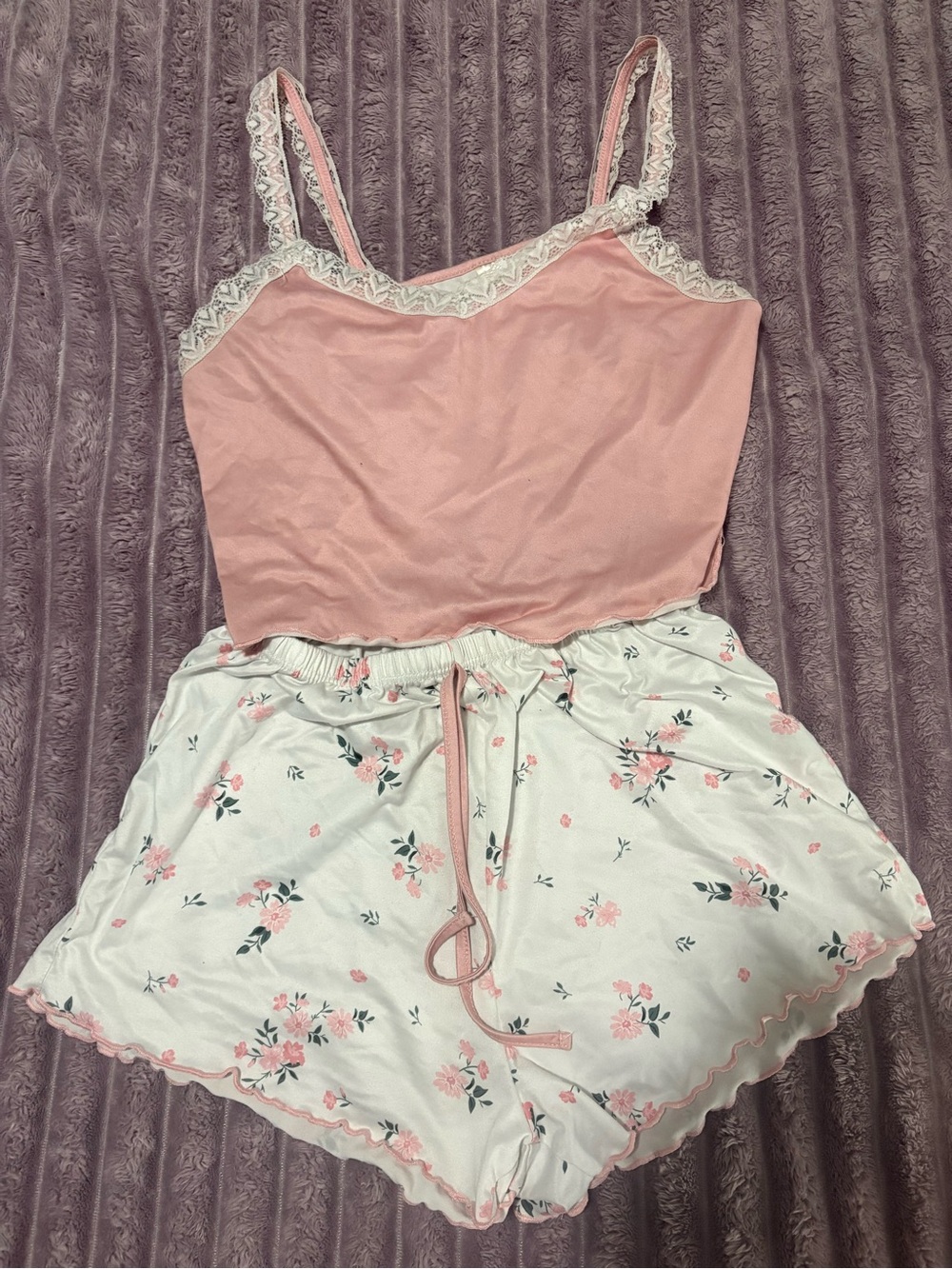 Women's Pink Floral Lace-Trim Pajama Set